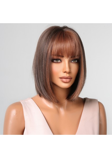 Koyu Kahverengi Kısa Bob Düz Sentetik Peruk Beyaz Siyah Kadınlar Için Patlama ile Golleri Peruk Parti Cosplay Isıya Dayanıklı Saç (Yurt Dışından) modelleri