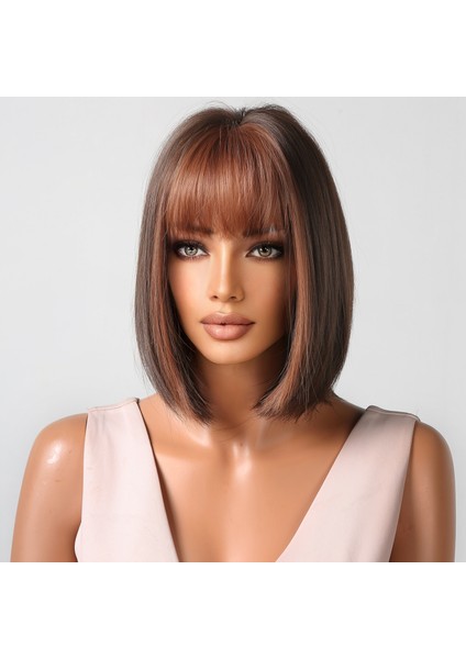 Koyu Kahverengi Kısa Bob Düz Sentetik Peruk Beyaz Siyah Kadınlar Için Patlama ile Golleri Peruk Parti Cosplay Isıya Dayanıklı Saç (Yurt Dışından) fırsatları