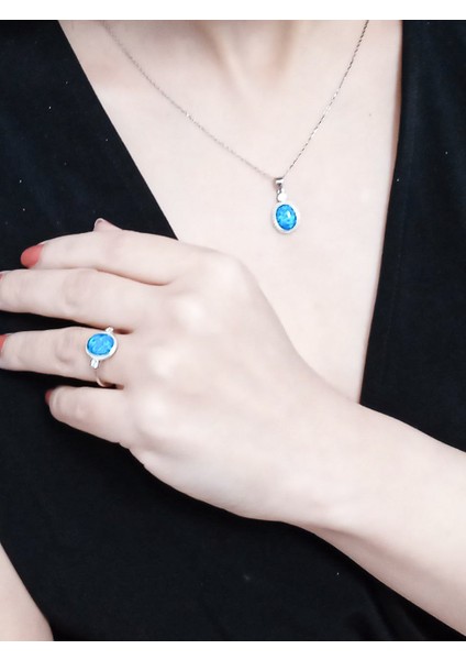 Kadın 925 Ayar Gümüş Oval Mavi Opal Taşlı Takı Seti,Sivgililer günü hediyesi