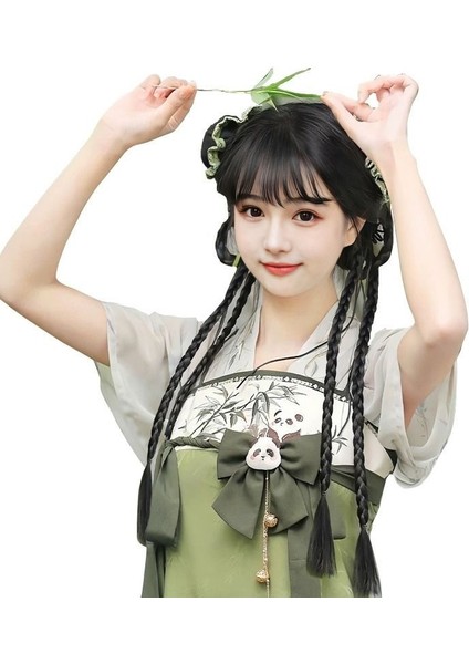 Hiçbir Peruk Kadın Kimyasal Elyaf Uzun Saç Boks Örgüsü Çift At Kuyruğu Arkaik Headdress Hamur-Büküm Tarzı Bezler Tek Parça (Yurt Dışından) fırsatları