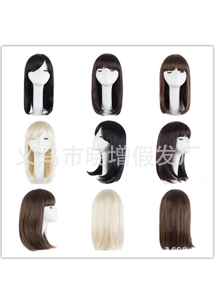 Yüksek Sıcaklık Fiber Peruk Açık Altın Orta Uzunlukta Düz Saç Patlama Yüz Onarım Siyah Gerçekçi Kız Iç Toka Jiafa (Yurt Dışından)