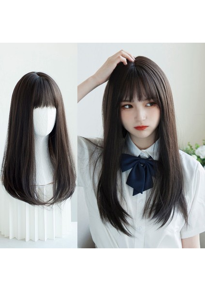 Peruk Kadın Uzun Saç Japon Stili Yuvarlak Yüz Hava Kakülleri Uzun Düz Saç Cutejkgirly Doğal Gerçekçi Tam Baş Peruk Stili (Yurt Dışından)