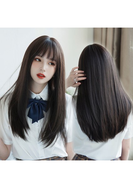 Peruk Kadın Uzun Saç Japon Stili Yuvarlak Yüz Hava Kakülleri Uzun Düz Saç Cutejkgirly Doğal Gerçekçi Tam Baş Peruk Stili (Yurt Dışından) modelleri