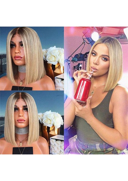 Kadın Bob Tarzı Düz Saç Peruk Sentetik Degrade Sarı Saç Isıya Dayanıklı Kısa Peruk (Yurt Dışından)