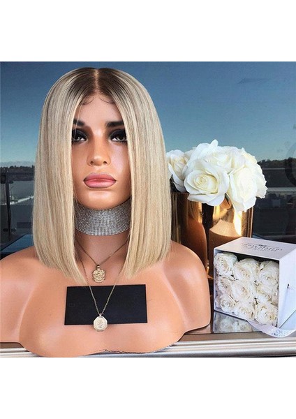 Kadın Bob Tarzı Düz Saç Peruk Sentetik Degrade Sarı Saç Isıya Dayanıklı Kısa Peruk (Yurt Dışından) fiyatları