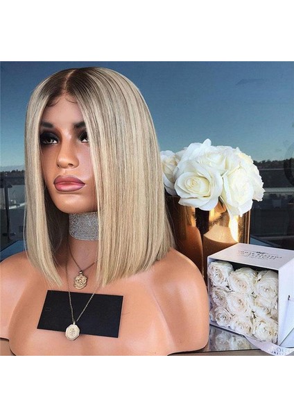 Kadın Bob Tarzı Düz Saç Peruk Sentetik Degrade Sarı Saç Isıya Dayanıklı Kısa Peruk (Yurt Dışından) fırsatları