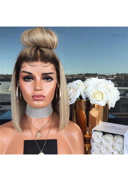 Kadın Bob Tarzı Düz Saç Peruk Sentetik Degrade Sarı Saç Isıya Dayanıklı Kısa Peruk (Yurt Dışından) indirimleri