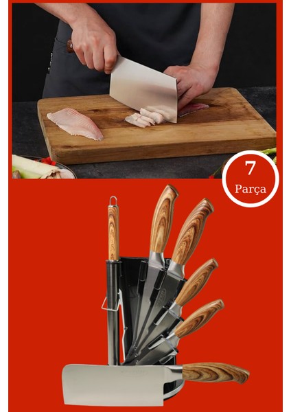 7 Parça Premium Paslanmaz Çelik Şef Bıçağı Seti Standlı (Satır,şef,ekmek,soyma Bıçak,bileyici)