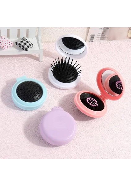 Mini Cep Aynası Katlanır Tarak Kız Kadın Taşınabilir Yuvarlak Cep Küçük Seyahat Masaj Saç Fırçası Ayna Şekillendirici Aksesuarları (Yurt Dışından)