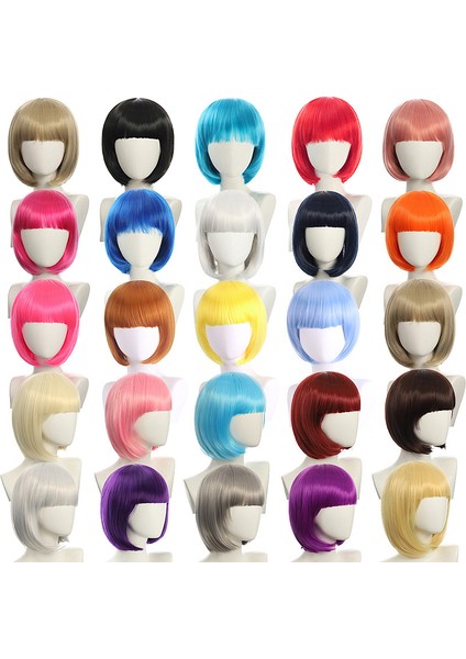 Cosplay Gece Kulübü Performansı Bar Eğik Patlama Kadın Kısa Saç Pembe Bej Beyaz Mavi Bobo Bobhaircut Peruk (Yurt Dışından)