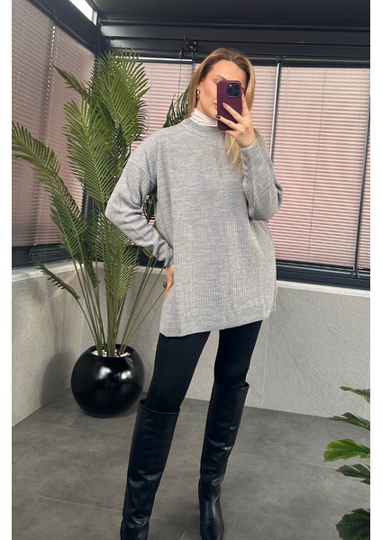 Gri Yarı Boğazlı Fitilli Oversize Kazak