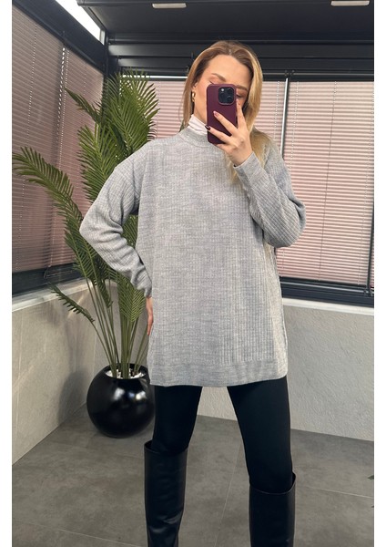 Gri Yarı Boğazlı Fitilli Oversize Kazak