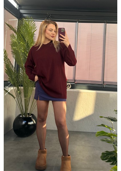 Bordo Yarı Boğazlı Fitilli Oversize Kazak