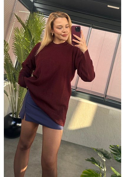 Bordo Yarı Boğazlı Fitilli Oversize Kazak