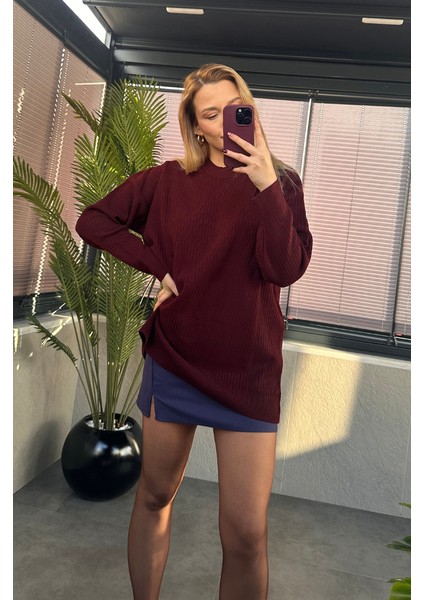 Bordo Yarı Boğazlı Fitilli Oversize Kazak