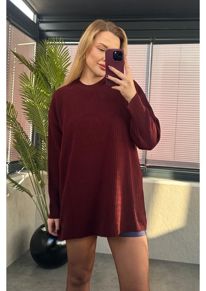 Bordo Yarı Boğazlı Fitilli Oversize Kazak