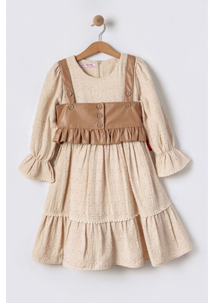 (6-12 Yaş) Deri Yelekli Müslin Pamuk Elbise kız çocuk - Vizon