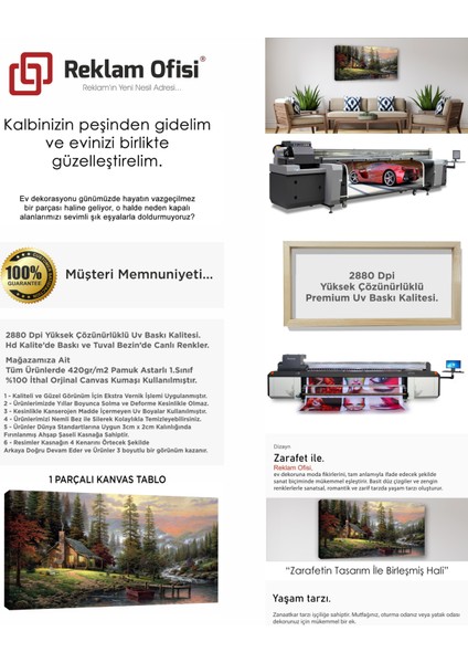 Orman Evi, Göl Kıyısı Temalı Modern Manzara Premium Kanvas Tablo