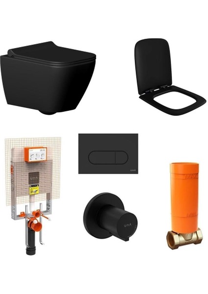 Seramiksan Saturn Rim-Out Kanalsız Mat Siyah Asma Klozet + Duroplast Yavaş Kapanır Kapak + VitrA Gömme Rezervuar Set