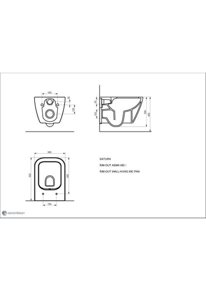 Seramiksan Saturn Rim-Out Kanalsız Mat Siyah Asma Klozet + Duroplast Yavaş Kapanır Kapak + VitrA Gömme Rezervuar Set
