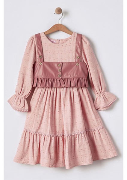 (6-12 Yaş) Deri Yelekli Müslin Pamuk Elbise kız çocuk - Pembe