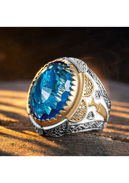 925 Ayar Gümüş Aqua Taşlı Zirkon Taş Detaylı Usta Işi Erkek Yüzük