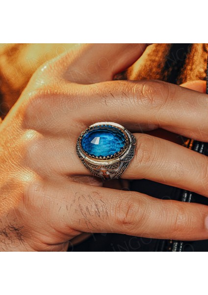 925 Ayar Gümüş Aqua Taşlı Zirkon Taş Detaylı Usta Işi Erkek Yüzük modelleri