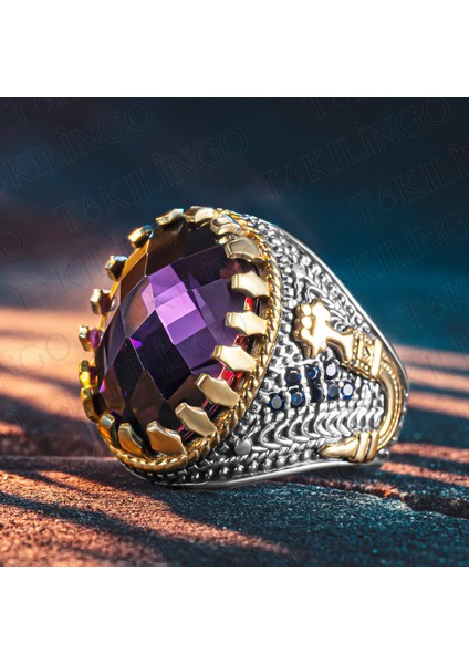 925 Ayar Gümüş Ameteist Taşlı Zirkon Taş Detaylı Erkek Yüzük