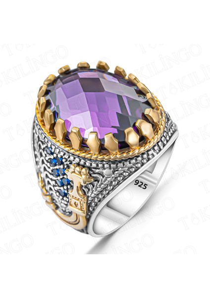 925 Ayar Gümüş Ameteist Taşlı Zirkon Taş Detaylı Erkek Yüzük fiyatları