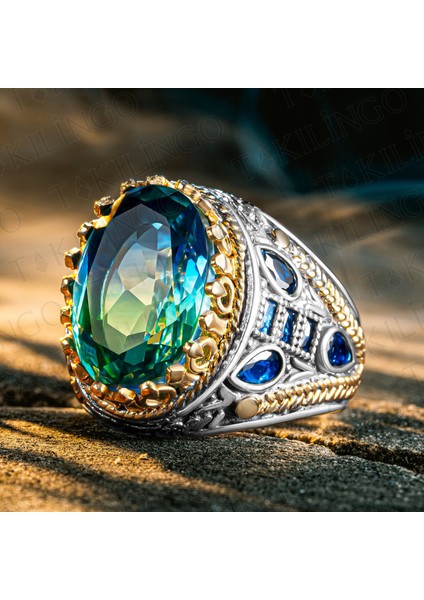 925 Ayar Gümüş Yeşil Mavi Turmalin Taşlı Zirkon Taş Detaylı Erkek Yüzük