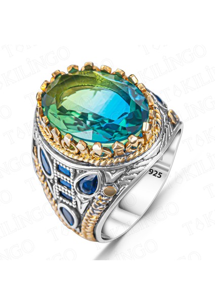 925 Ayar Gümüş Yeşil Mavi Turmalin Taşlı Zirkon Taş Detaylı Erkek Yüzük fiyatları