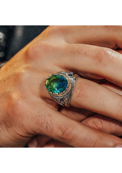 925 Ayar Gümüş Yeşil Mavi Turmalin Taşlı Zirkon Taş Detaylı Erkek Yüzük modelleri
