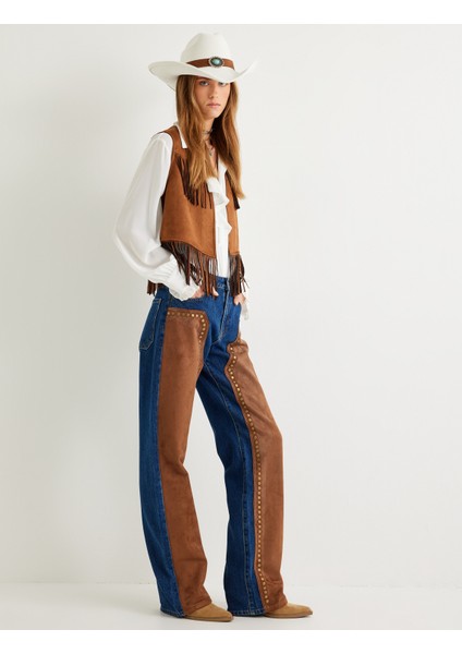 Kot Pantolon Düz Paça Süet Görünümlü Normal Bel Düğmeli - Straight Fit Jeans fiyatları