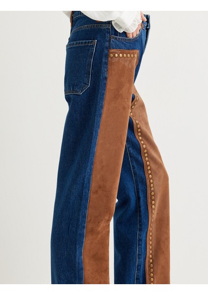 Kot Pantolon Düz Paça Süet Görünümlü Normal Bel Düğmeli - Straight Fit Jeans indirimleri