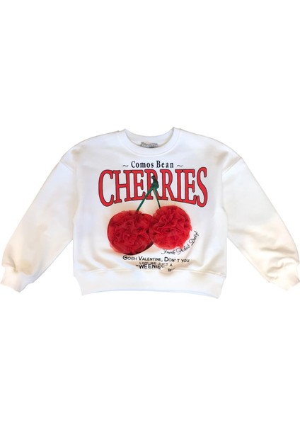 Kız Çocuk Kiraz Baskılı Tül Süslemeli Sweatshirt