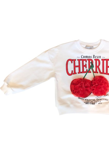 Kız Çocuk Kiraz Baskılı Tül Süslemeli Sweatshirt