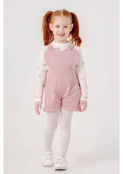 Kalp Detaylı Sweat Gabardin Salopet Çorap 3 Parça kız çocuk - Pembe