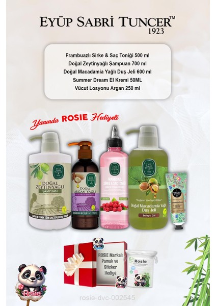 Summer Dream Krem, Zeytinyağlı Şampuan, Macadamia Duş Jeli, Argan Losyon, Frambuaz Tonik ve Rosie