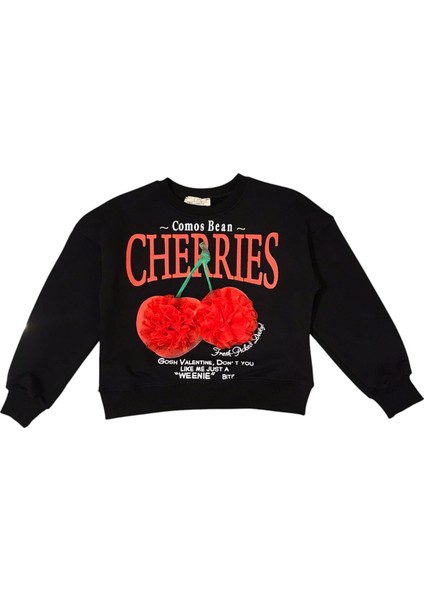 Kız Çocuk Kiraz Baskılı Tül Süslemeli Sweatshirt