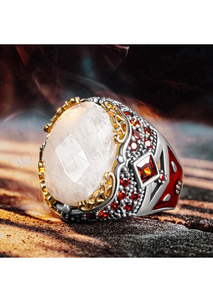 925 Ayar Gümüş Beyaz Ay Taşlı Zirkon Taş Detaylı Erkek Yüzük