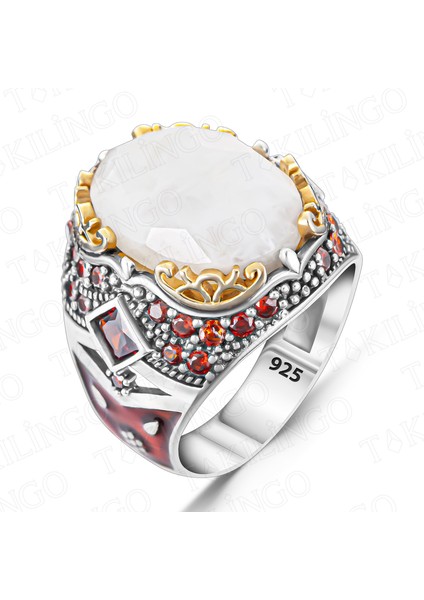 925 Ayar Gümüş Beyaz Ay Taşlı Zirkon Taş Detaylı Erkek Yüzük fiyatları