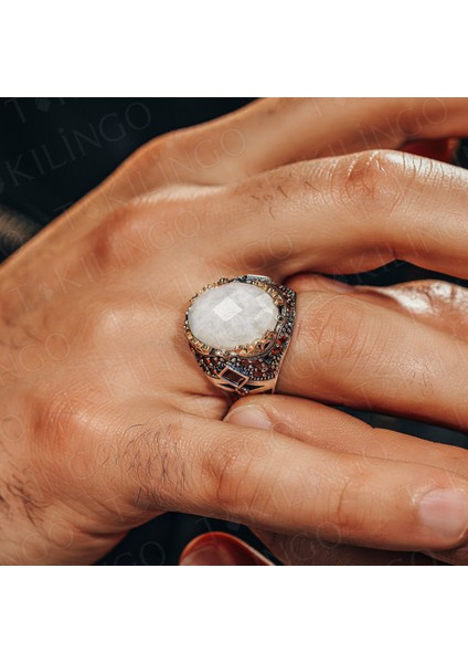 925 Ayar Gümüş Beyaz Ay Taşlı Zirkon Taş Detaylı Erkek Yüzük modelleri