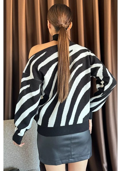 Kadın Omuz Dekolteli Zebra Desenli Triko Bluz (s-m-l Beden Uyumludur) P-00001171
