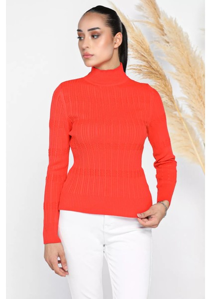 Kadın Yarım Balıkçı Desenli Likralı Triko Bluz P-00001359