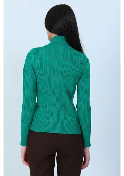 Kadın Yarım Balıkçı Desenli Likralı Triko Bluz P-00001359