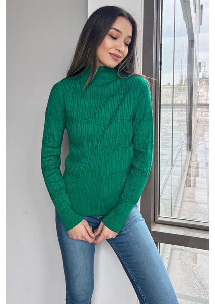Kadın Yarım Balıkçı Desenli Likralı Triko Bluz P-00001359