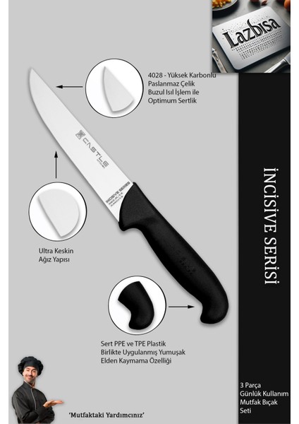 Incisive Serisi Mutfak Bıçak Seti Et Ekmek Sebze Bıçağı 3 Lü Set Günlük Kullanım