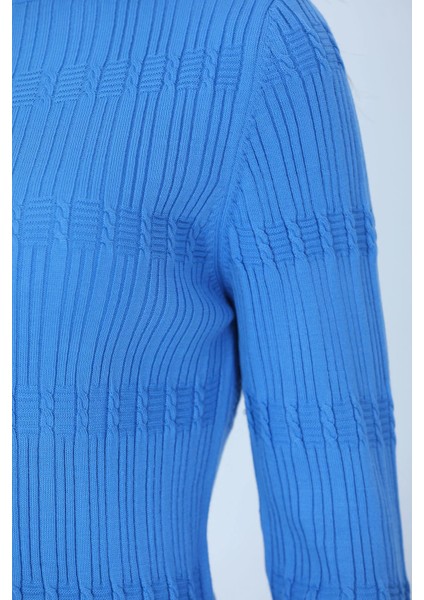 Kadın Yarım Balıkçı Desenli Likralı Triko Bluz P-00001359