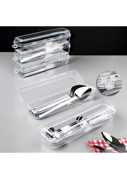 Plastik Çok Amaçlı Çatal Kaşık Bıçak Saklama ve Taşıma Kutusu 24x6x5 cm Şeffaf 5'li Set