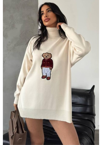 Ayıcıklı Kazak - Balıkçı Yaka Teddy Bear Aplikli Oversize Kadın Triko Kazak 650 modelleri